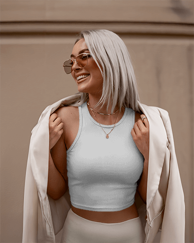 Cheerful Sunflower Tanktop Mockup On Smiling Female Model With Light Outerwear