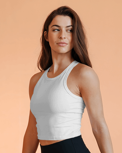 Woman With Long Hair In Cream Tanktop Mockup Under Peach Tones With Empowerment Print