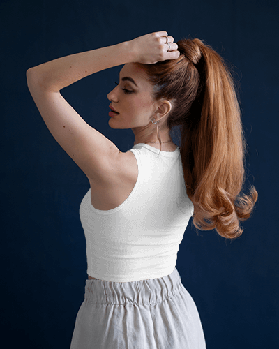 Woman With High Ponytail In Olive Green Tanktop Mockup Under Deep Blue Tone