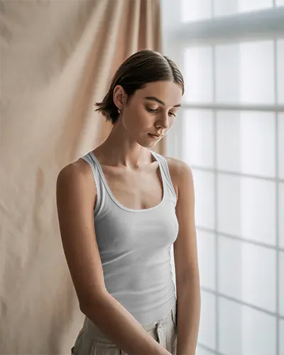 Sunlit Interior Tank Top Mockup Female Model Looking Down In Soft Window Light With Curtain Backdrop 067