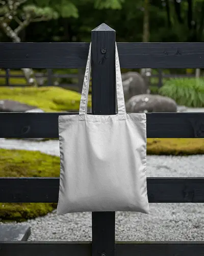 Black Wooden Fence Tote Bag Mockup In Serene Garden Setting Nature Inspired Minimal Outdoor Scene