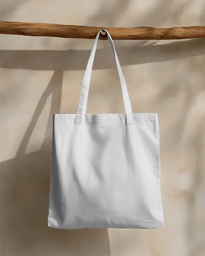Natural Hanging Tote Bag Mockup On Wooden Rod Earthy Wall Background Stylish Urban Soft Shadow Premium Presentatio