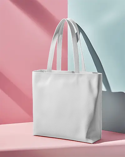 Elegant Showcase Tote Bag Mockup Against Pink And Blue Background Modern Contemporary Soft Shadow Luxury Scene
