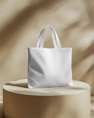 Tote Bag Mockup On Round Pedestal Soft Shadow Draped Light Effect Modern Minimal Display Scene
