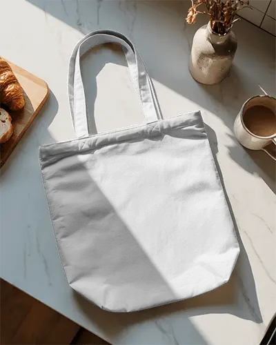 Tote Bag Mockup On Marble Countertop Breakfast Scene Soft Shadows Cozy Morning Kitchen Setting
