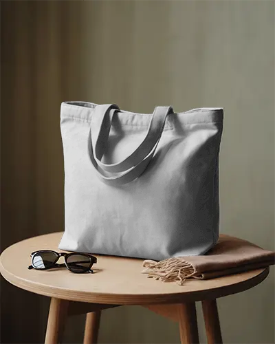 Tote Bag Mockup On Wooden Table With Accessories Soft Light Cozy Interior Natural Styled Setting