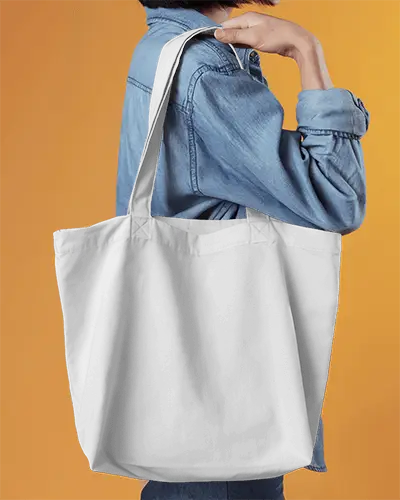 Tote Bag Mockup On Shoulder Side View Model In Casual Outfit Minimal Backdrop Modern Youth Style