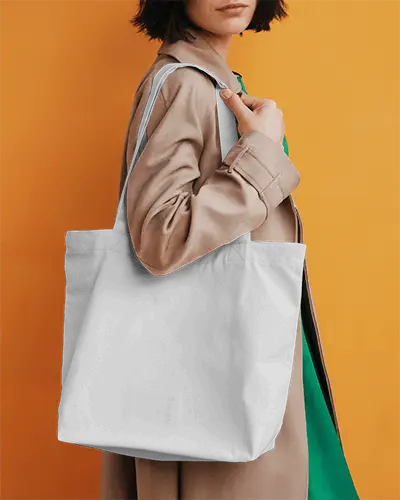 Tote Bag Mockup On Model Side View Orange Background Modern Outfit Vibrant Fashion Accessory Scene