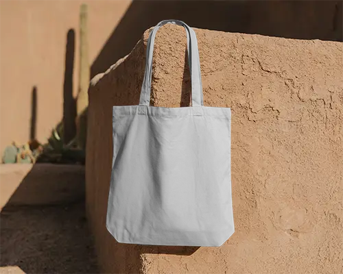 Outdoor Desert Wall Tote Bag Mockup Hanging On Textured Adobe Surface With Cactus Shadow Play 0290