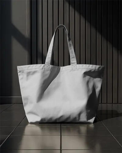 Dramatic Lighting Tote Bag Mockup On Tiled Floor With Dark Wall Panel Background And Soft Shadow 0292