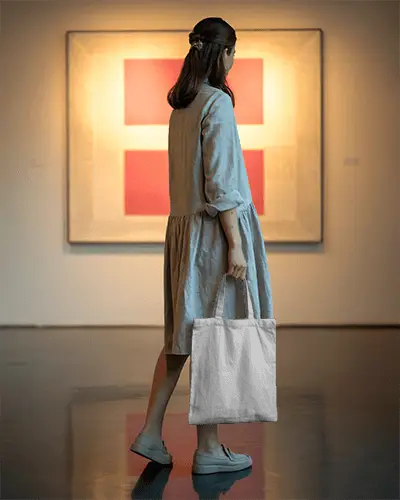 Woman Holding Minimalist Blank Tote Bag Mockup In Modern Art Gallery Setting