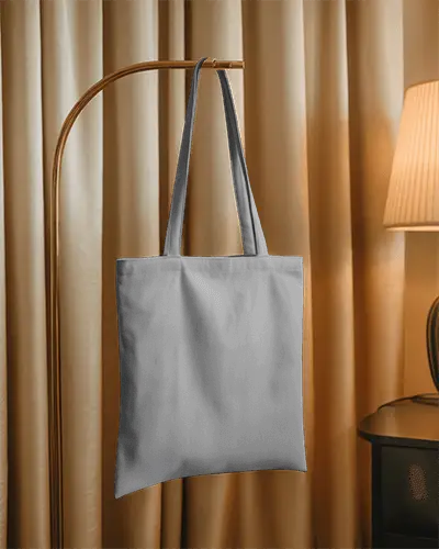 Elegant Indoor Tote Bag Mockup Hanging On Golden Stand With Beige Curtains And Soft Lamp Light 0309