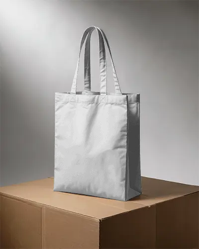 Eco Friendly Fabric Tote Bag Mockup On Minimalist Cardboard Box Background