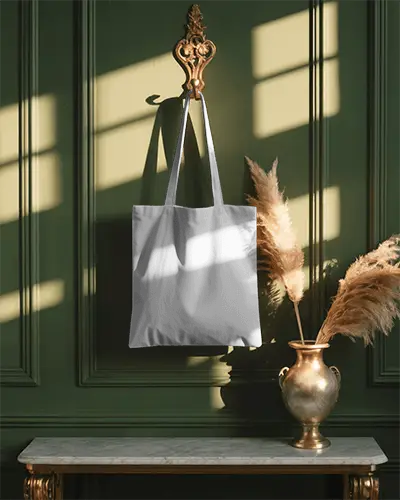 Elegant Minimalist Tote Bag Hanging On Vintage Wall Hook With Light Shadow Play 0337