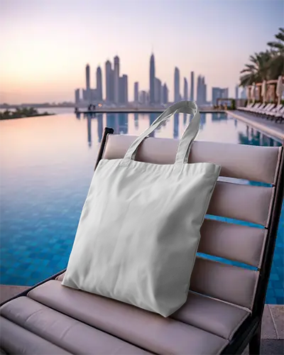 Stylish Minimalist Tote Bag Mockup Displayed Outdoor Luxury Poolside Setting