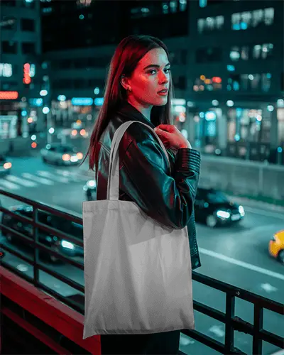 Urban Night Tote Bag Mockup Stylish Woman In City Neon Lights Modern Fashion Street Style