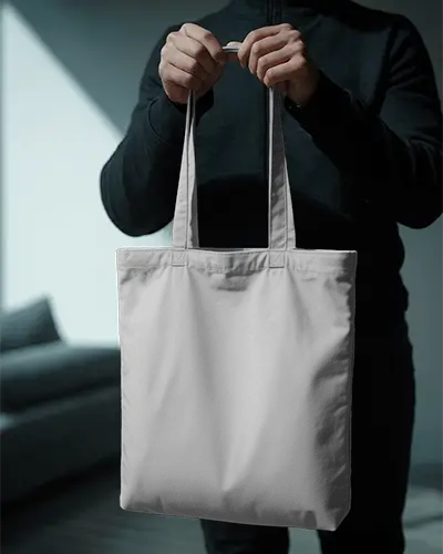 Minimalist Tote Bag Mockup Closeup Held By Hands Indoors Showcasing Texture And Fabric Details