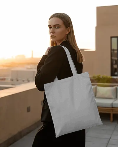 Rooftop Sunset Tote Bag Mockup Female Model Posing With City Skyline In Golden Hour Lighting