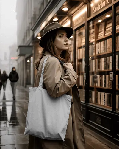 Vintage Bookstore Tote Bag Mockup Woman In Hat Posing On Foggy Street With Autumn Mood