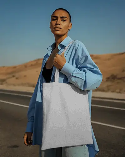 Stylish Woman Carrying Minimalist Tote Bag Mockup Desert Road Fashion Accessory