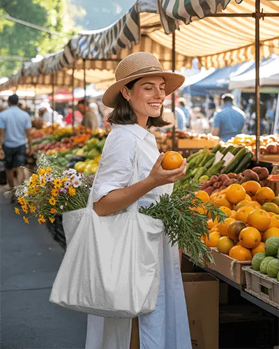 Reusable Shopping Tote Bag Mockup For Fresh Produce Market Carryall With Floral Grocery Storage