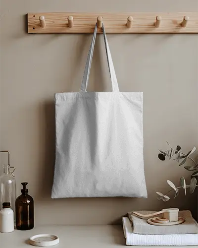 Eco Friendly Tote Bag Mockup Hanging On Wooden Hook Showing Sustainable Fabric Alternative