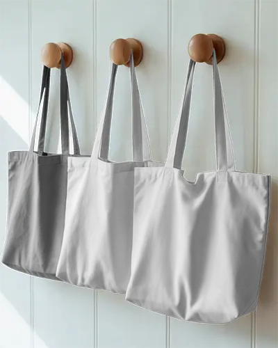 Three Set Cotton Tote Bags Mockup For Eco Friendly Shopping And Daily Use Hanging On Wall Hookss