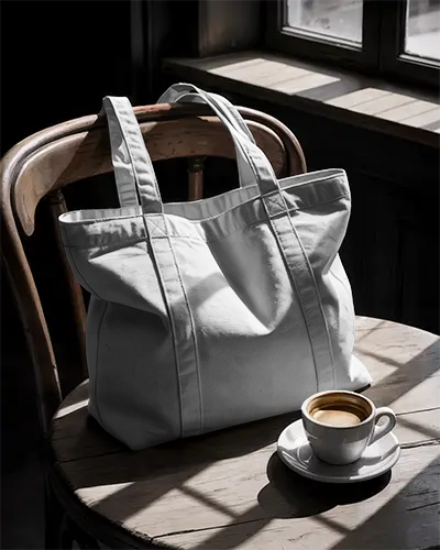 Premium Canvas Tote Bag Mockup On Wooden Chair With Natural Light And Coffee Cup Setting