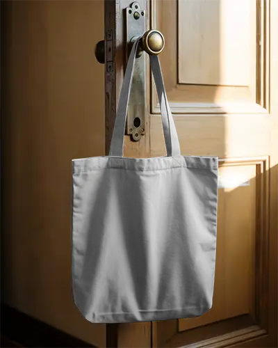 Ecofriendly Reusable Tote Bag Mockup Hanging On Door Handle Minimalist Cotton Canvas