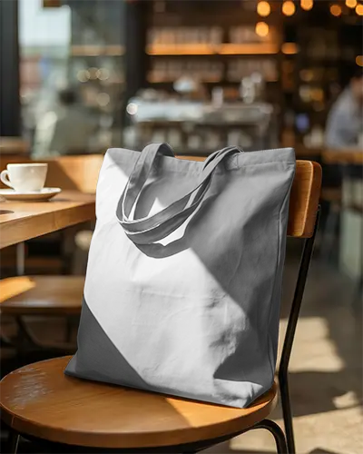 Eco Friendly Reusable Tote Bag Mockup On Cafe Chair For Custom Print Design