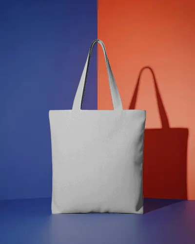 Modern Studio Tote Bag Mockup On Bold Geometric Blue And Orange Background