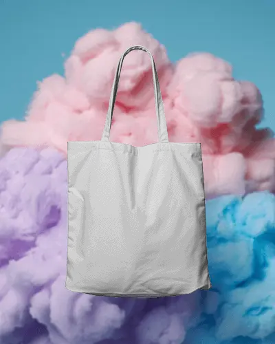 Dreamy Cloud Tote Bag Mockup Floating Before Pastel Pink And Purple Background