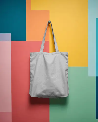Geometric Colorblock Tote Bag Mockup Hanging Against Modern Art Wall