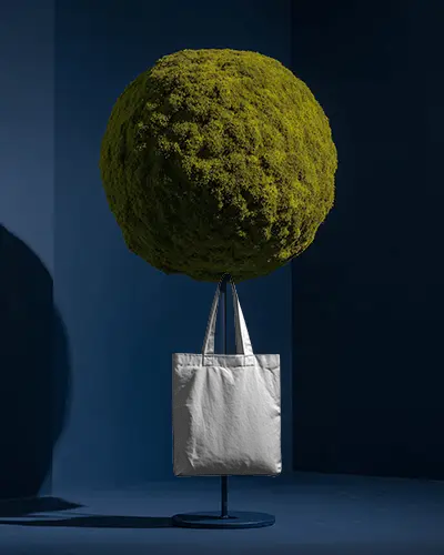 Conceptual Studio Totebag Mockup With Sculptural Moss Sphere And Minimal Dark Blue Backdrop