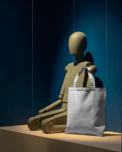 Wooden Mannequin Totebag Mockup Seated On Plinth With Deep Blue Studio Background