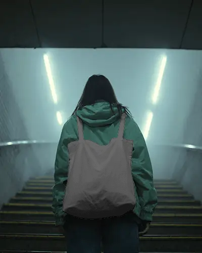 Urban Commuter Totebag Mockup Canvas Bag Worn From Behind In Underground Station Stairs