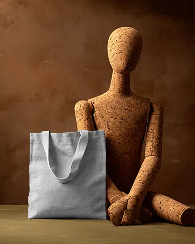 Natural Cork Mannequin Totebag Mockup Canvas Bag In Warm Earth Tone Studio Setting