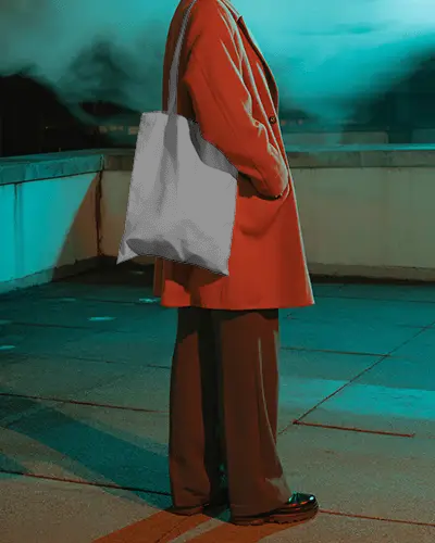 Night Urban Totebag Mockup Canvas Bag Worn On Shoulder In Moody City Rooftop Scene