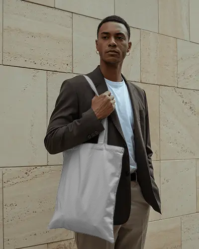 Professional Lifestyle Totebag Mockup Canvas Bag Worn On Shoulder By Male Model