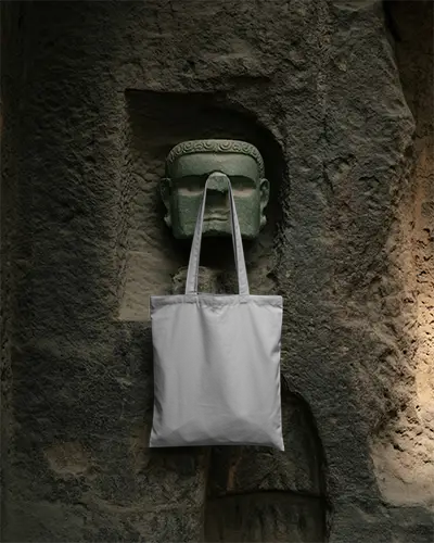 Empty Simple Tote Bag Mockup Showcased In Natural Cave Setting With Textured Stone
