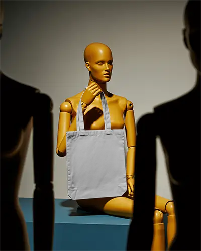 Eco Friendly Tote Bag Mockup For Custom Logo Design Showcase In Studio Setting With Mannequins