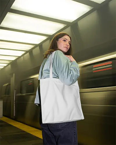 High Quality Tote Bag Mockup With Shoulder Strap Showcased At Subway Platform