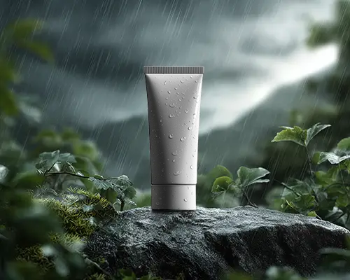 sleek-tube-mockup-in-outdoor-rainy-setting-with-leaves-and-rock-texture