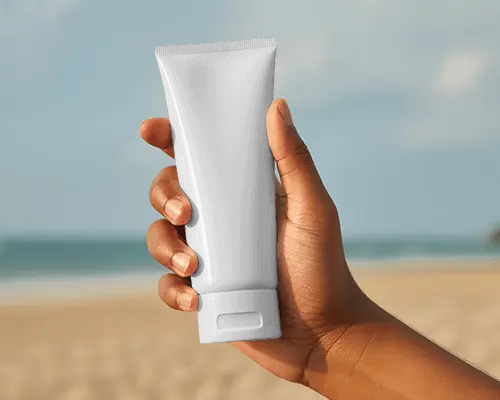 Cosmetic Tube Mockup Held In Hand Outdoor For Sunscreen Or Body Lotion Product Visualization