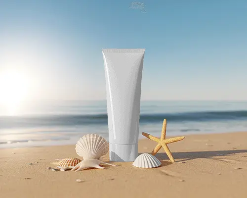 Cosmetic Product Tube Mockup Standing In Sand With Seashells Summer Beach Backdrop
