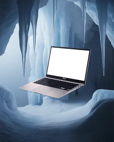 asus-lightweight-high-performance-laptop-mockup-floating-in-a-icy-cave-environment-showcase