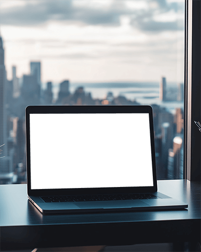 City View Office Laptop Mockup Modern Workspace With Skyline And Glass Window Backdrop 0100