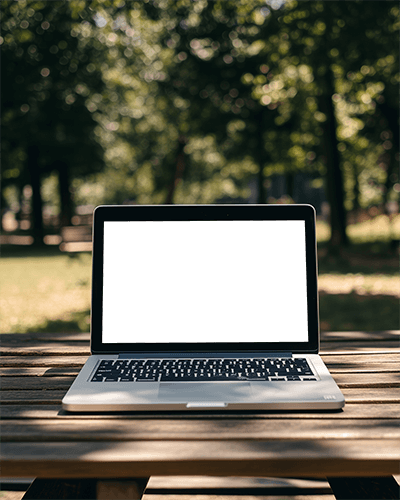 Outdoor Park Laptop Mockup Sunny Day Wooden Table Greenery Background 0101