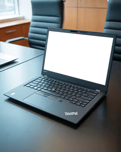Modern Office Laptop Mockup Thinkpad On Boardroom Table With Executive Chair Background