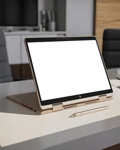 Convertible Laptop Mockup Hp Device In Tablet Mode On White Desk With Stylus In Office